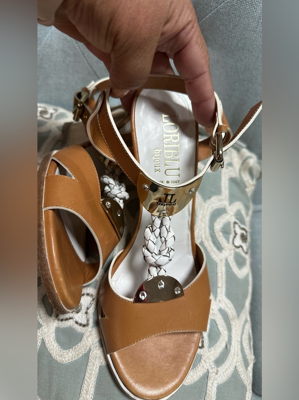 Tan and White Braided Leather T-Strap Sandals